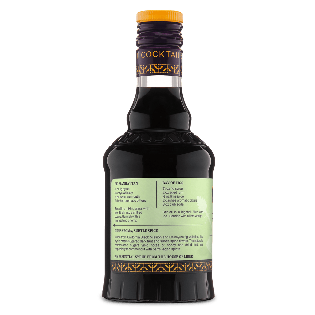 Caramelized fig syrup bottle back view showing ingredient text and amber cap