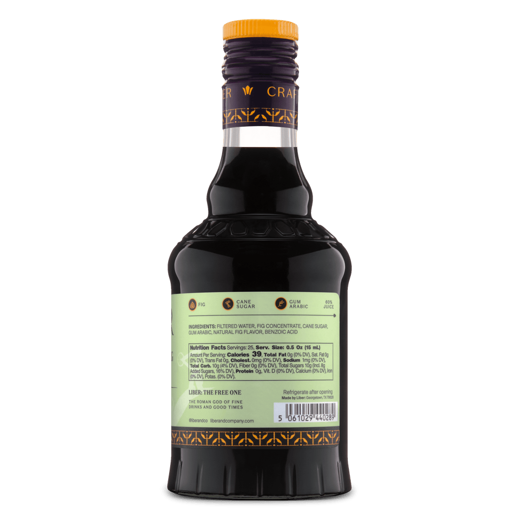 Caramelized fig syrup bottle back label with nutritional and ingredient information, amber cap