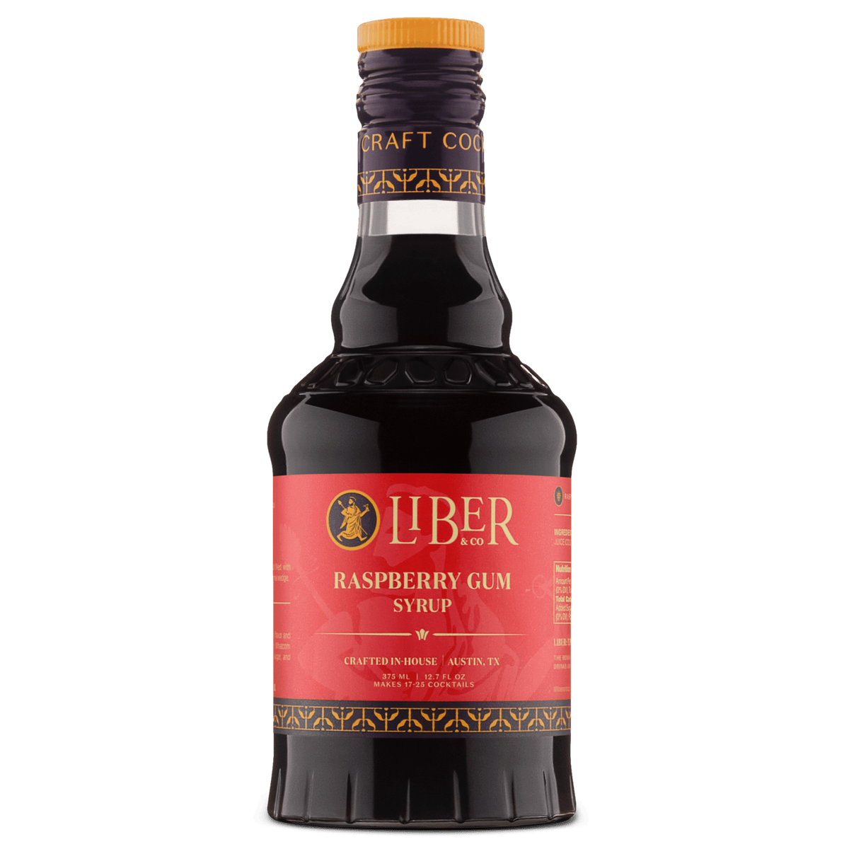 Liber Raspberry Gum Syrup bottle with orange cap and front label