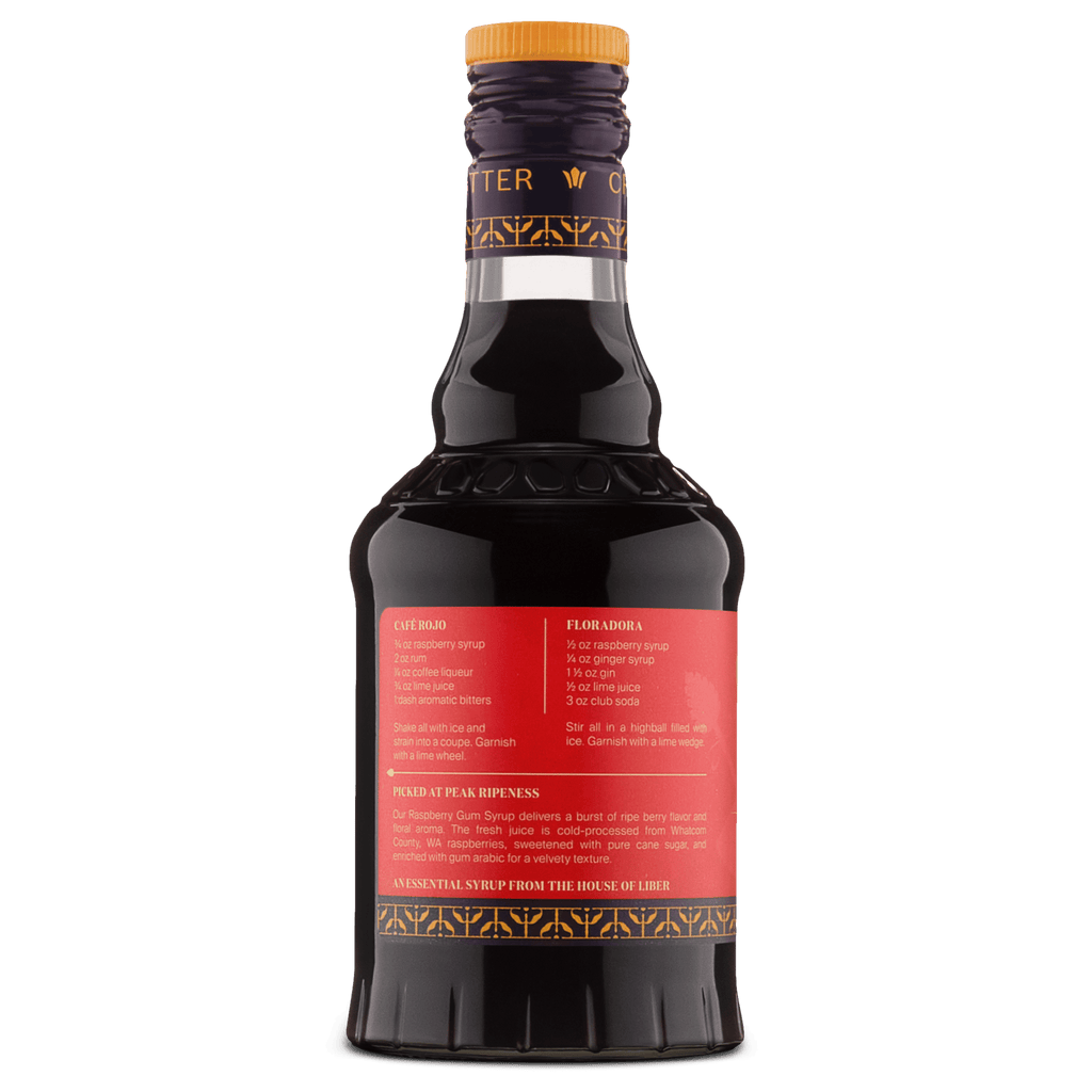 Liber Raspberry gum syrup bottle back label with orange cap