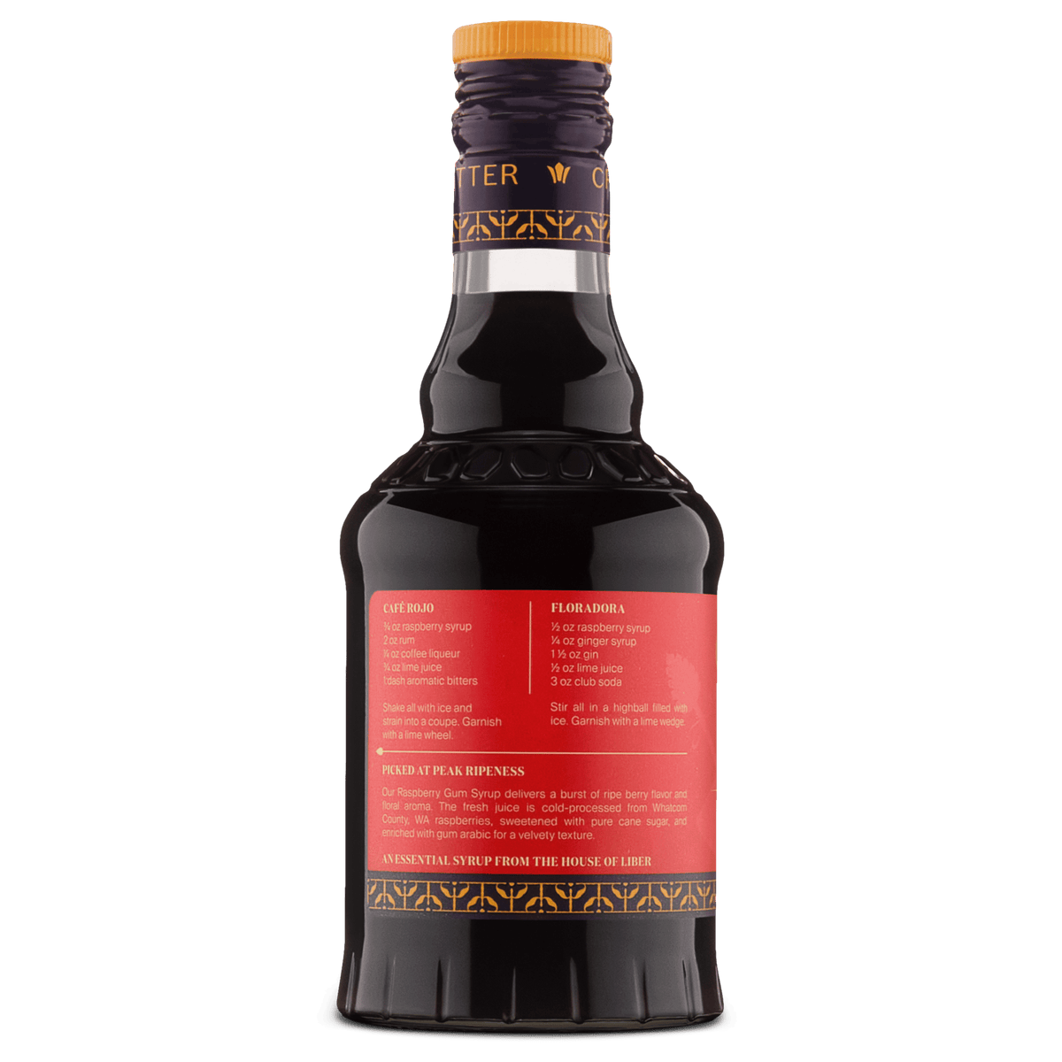 Liber Raspberry gum syrup bottle back label with orange cap