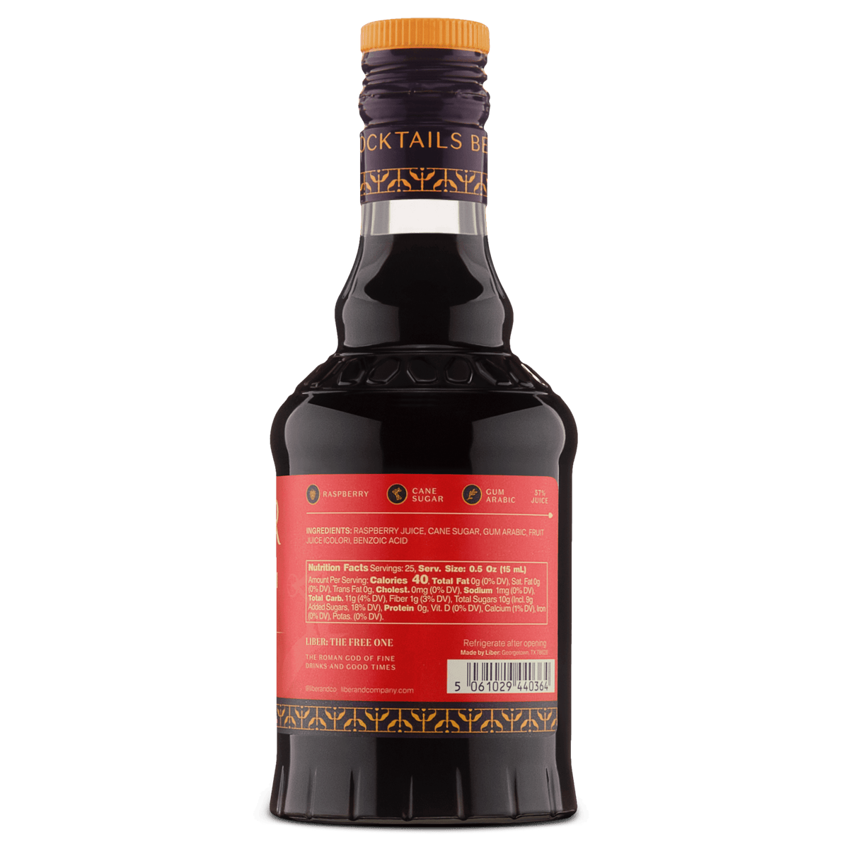 Liber Raspberry gum syrup bottle back label view, orange cap