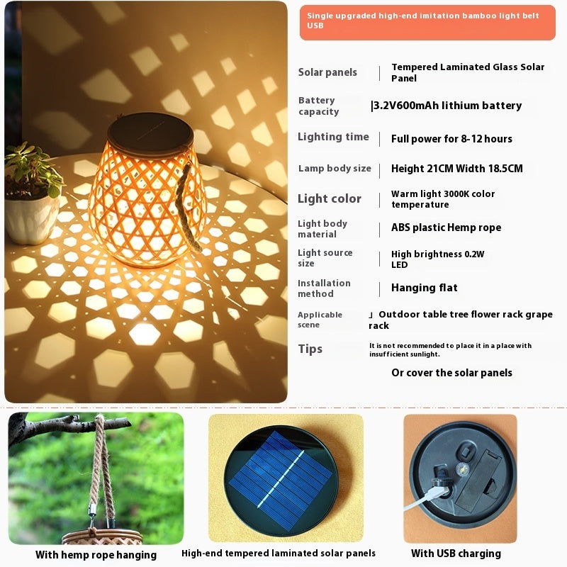 Hanging solar lantern with glowing woven lattice and black solar panel top