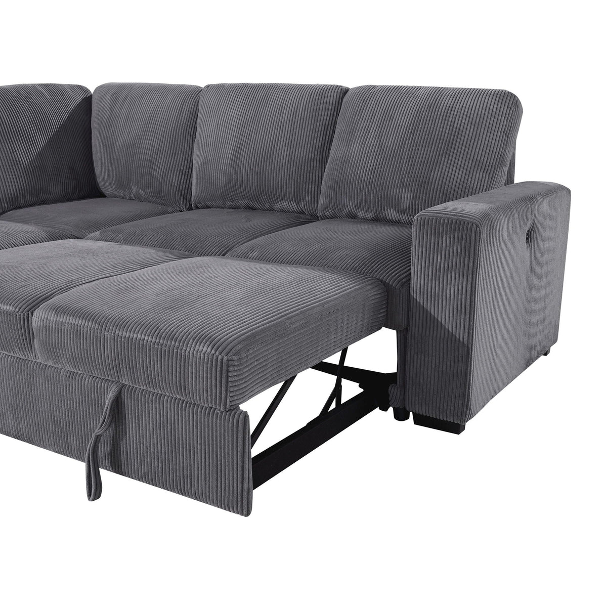 Dark gray sectional sofa armrest and seat cushions with vertical ribbed fabric