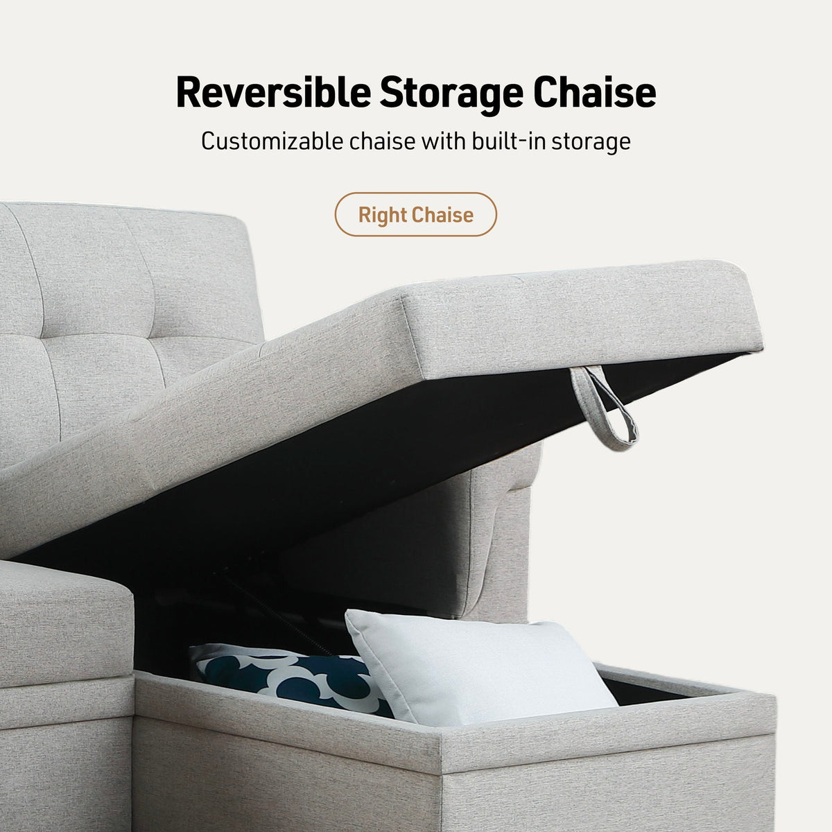 Light gray sectional sleeper chaise with open storage compartment under the cushion