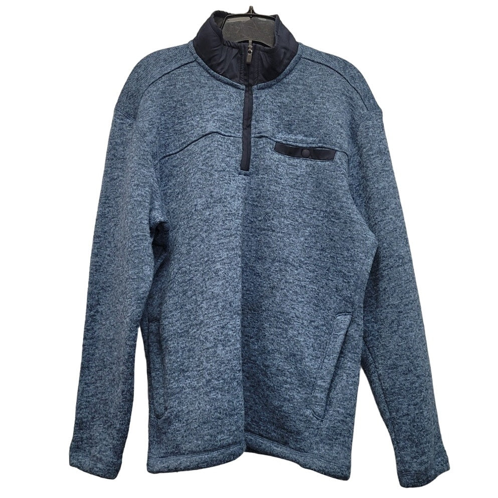 Men's blue heather polyester quarter-zip pullover knit sweater with long sleeves