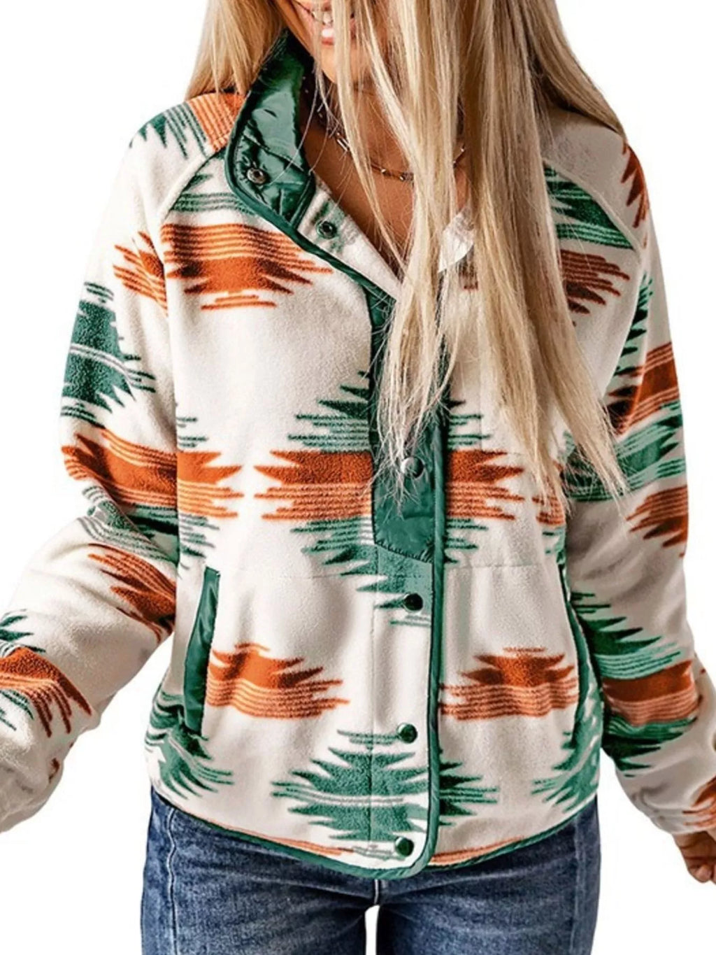 Geometric snap-down jacket in cream with green buttons and orange/green stripe pattern