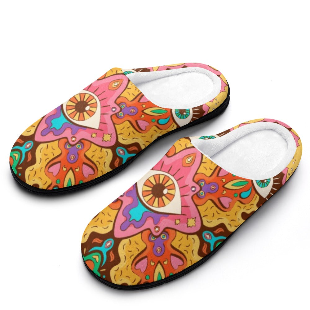 Pair cotton slippers with colorful abstract face print, white lining, textured black sole