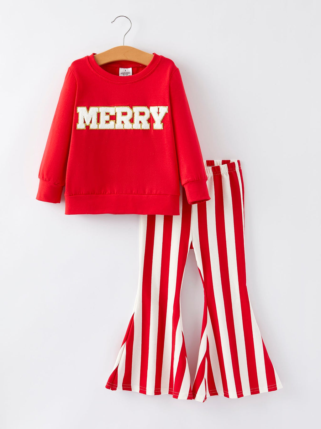 Girls red sweatshirt with gold 'MERRY' applique and striped bell-bottom pants set