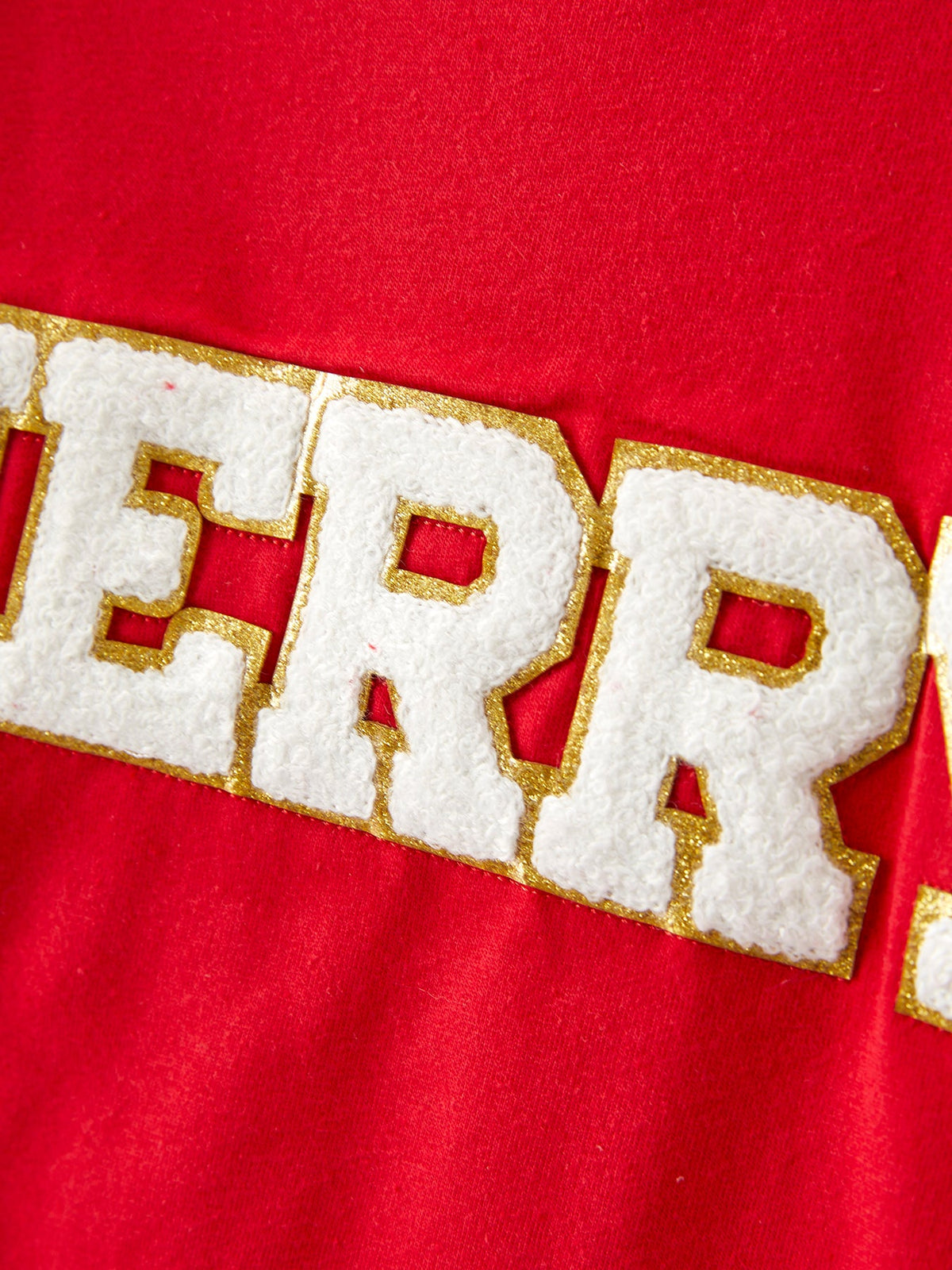 Gold-trim 'MERRY' applique on red girls sweatshirt