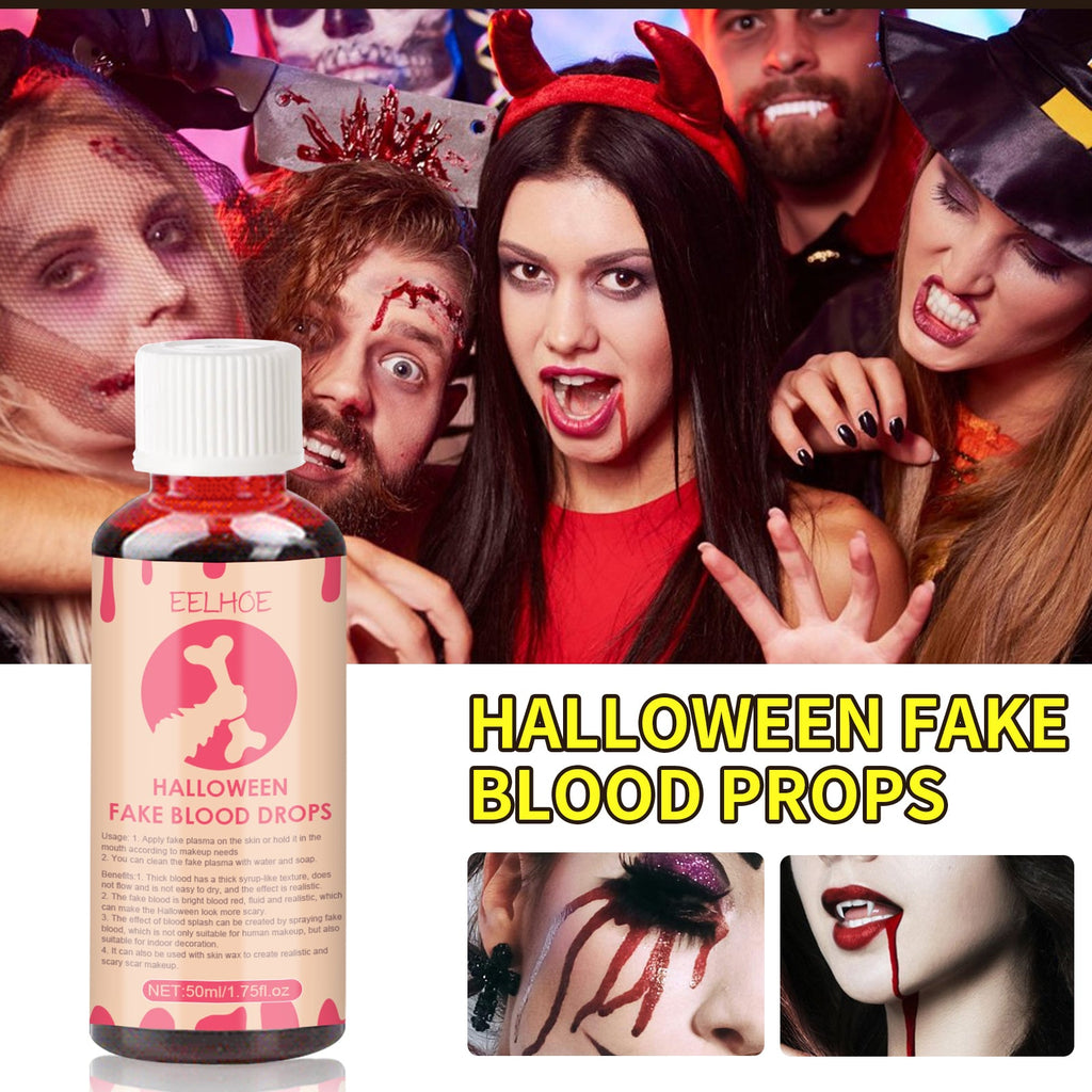 Halloween fake blood drops bottle with Halloween makeup blood effect photos