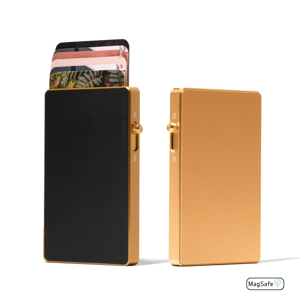 Black leather Mod wallet with gold MagSafe plate, card holder and side hardware