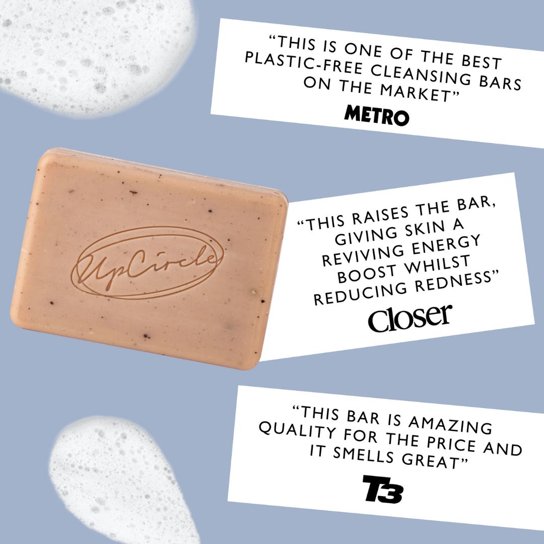 Beige rectangular cleansing soap bar with UpCircle logo stamp