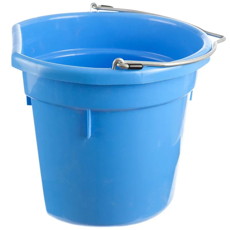 Blue plastic feed bucket with metal carry handle clips and open top.