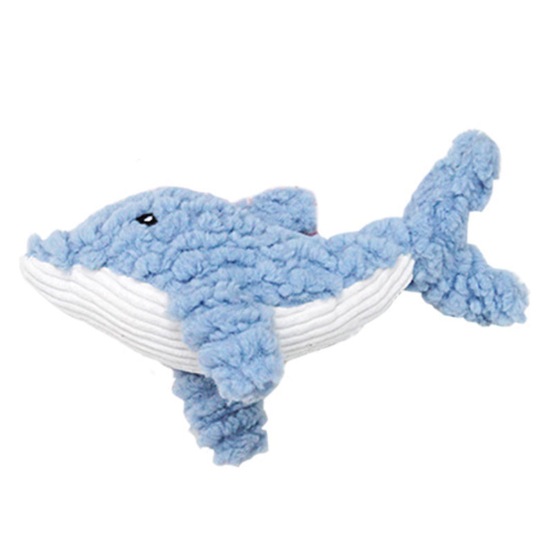 Blue plush shark dog toy with striped belly, rope-like body, soft corduroy