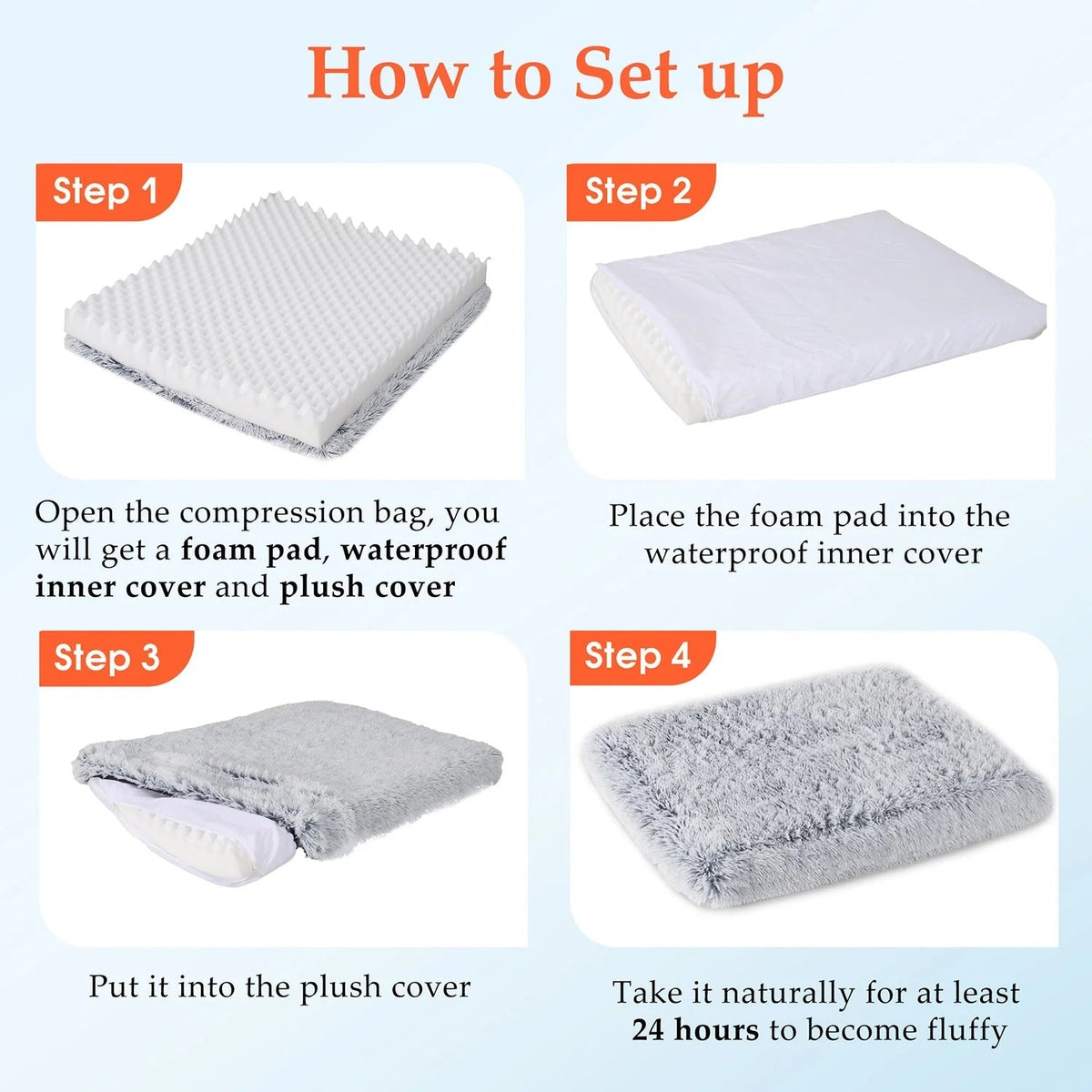 Dog bed setup with egg-crate foam insert and plush cover