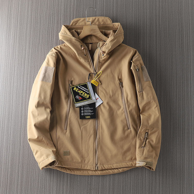 Men's waterproof shell jacket in tan beige, front zip, hood, and chest label