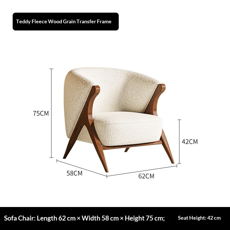 Beige teddy-fleece lounge chair with wood frame, curved backrest, and armrests