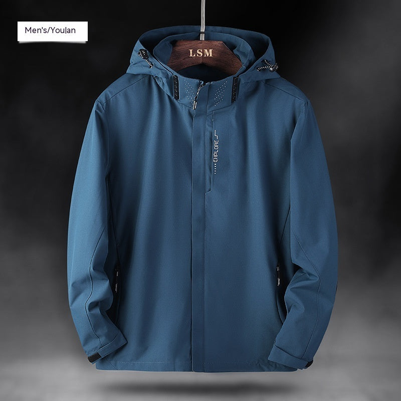 Men's blue waterproof hooded jacket, zip front with adjustable hood and side pockets.