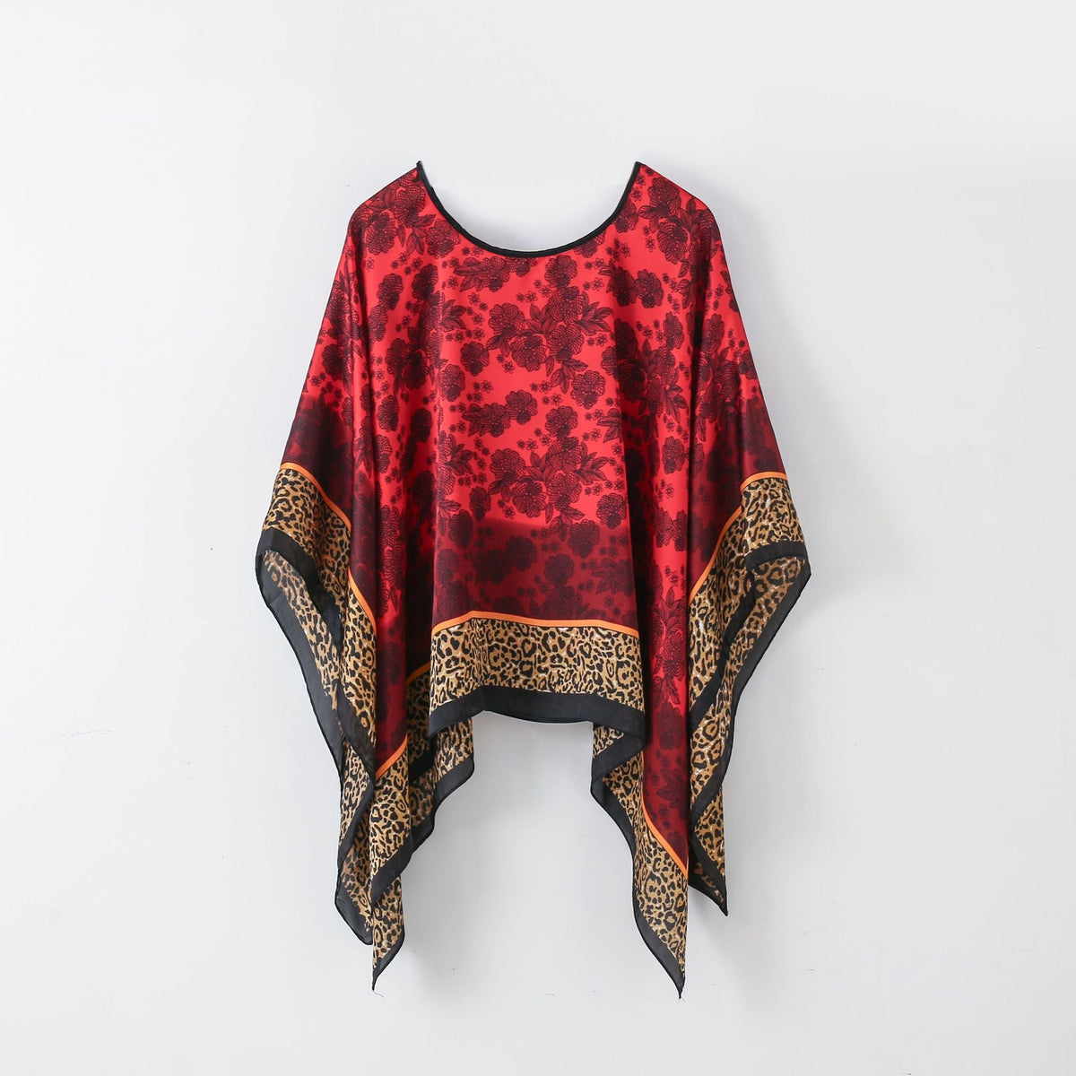 Red leopard-pattern poncho-style pullover shawl scarf with black neckline