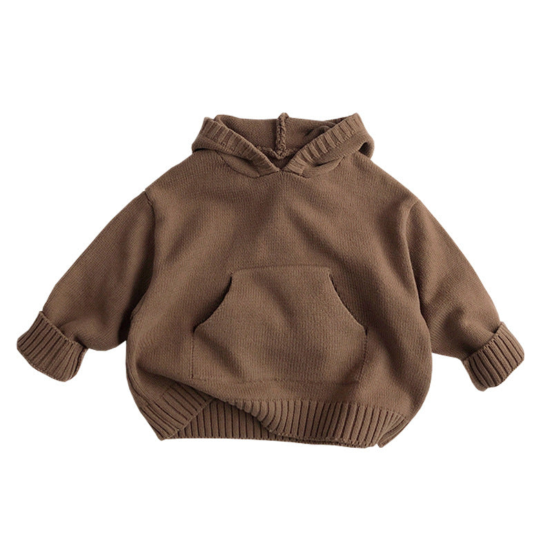 Children's brown knit hoodie with hood, kangaroo pocket, and ribbed cuffs and hem