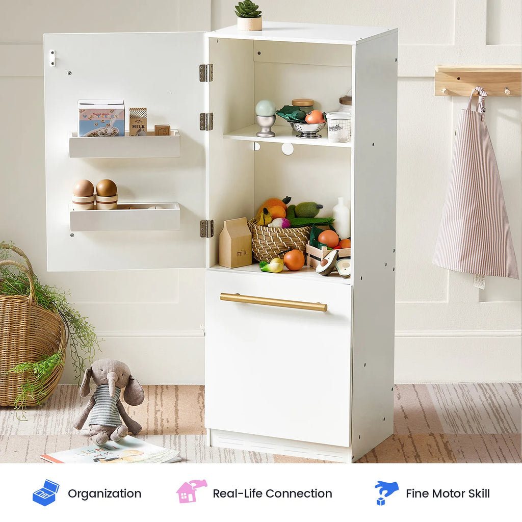 White wooden play kitchen refrigerator cabinet with open doors showing toy shelves