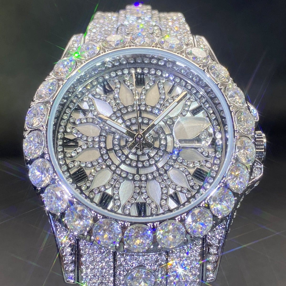 Silver rhinestone hip-hop watch with ornate radial dial and round bezel