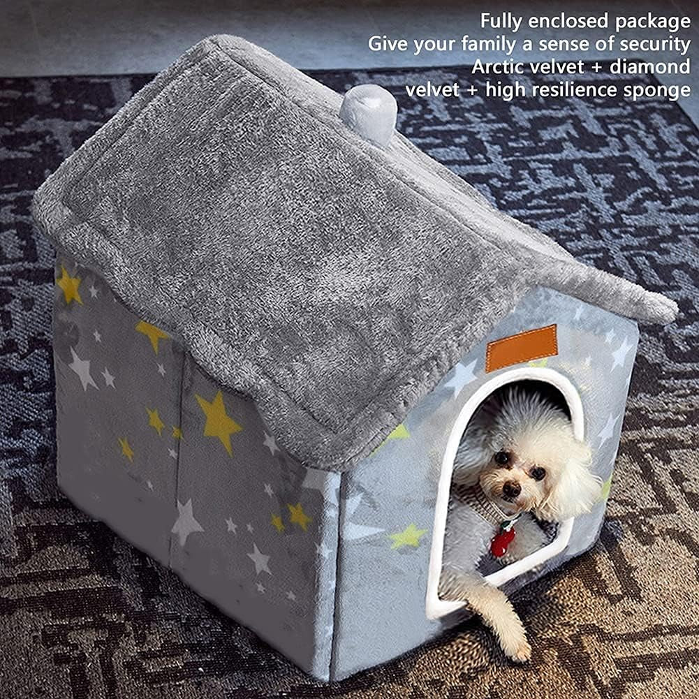Gray indoor dog house bed with star print, thick cushioned roof, and white door opening.