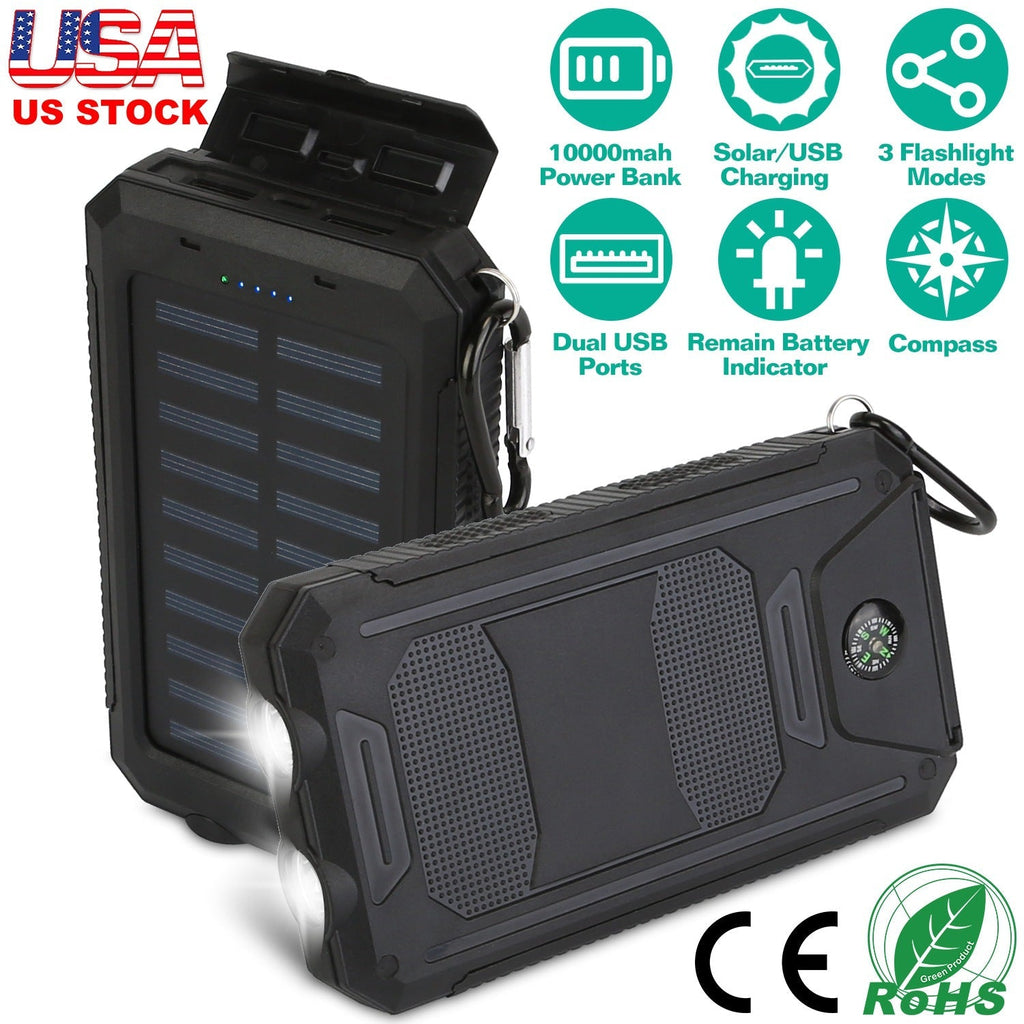 Black solar power bank with dual USB ports and battery indicator LED bar