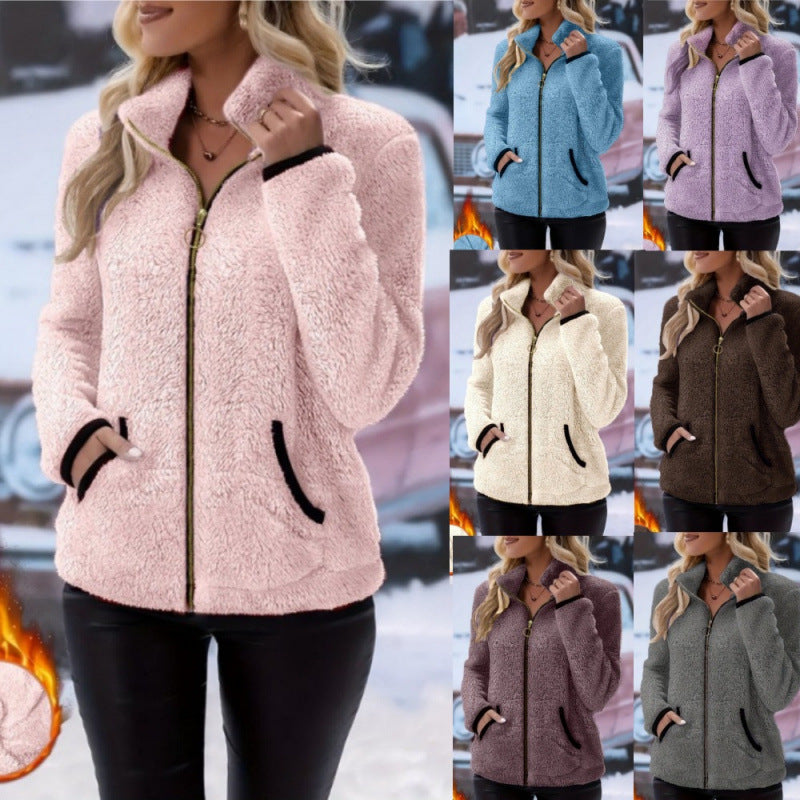 Pink fleece zip-up cardigan with hood, long sleeves, front pockets