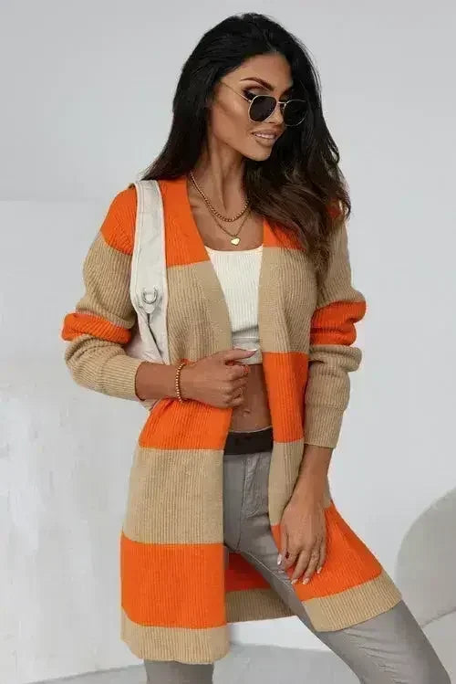 Long ribbed knit cardigan in orange and beige blocks, open front