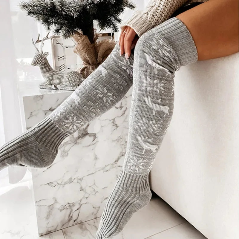 Women’s over-the-knee knitted Christmas socks in gray with white deer and snowflake pattern