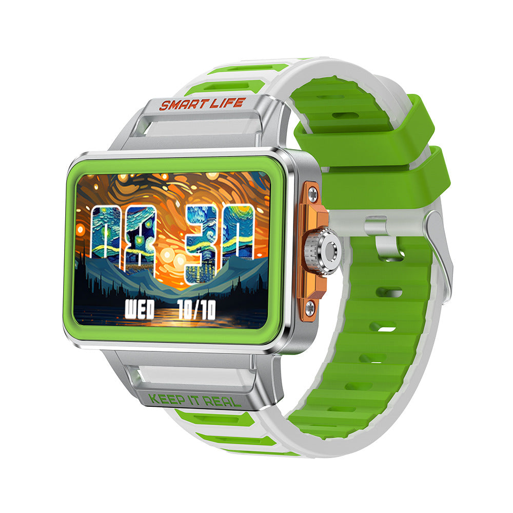 Smart watch with silver case, square display, and bright green silicone strap