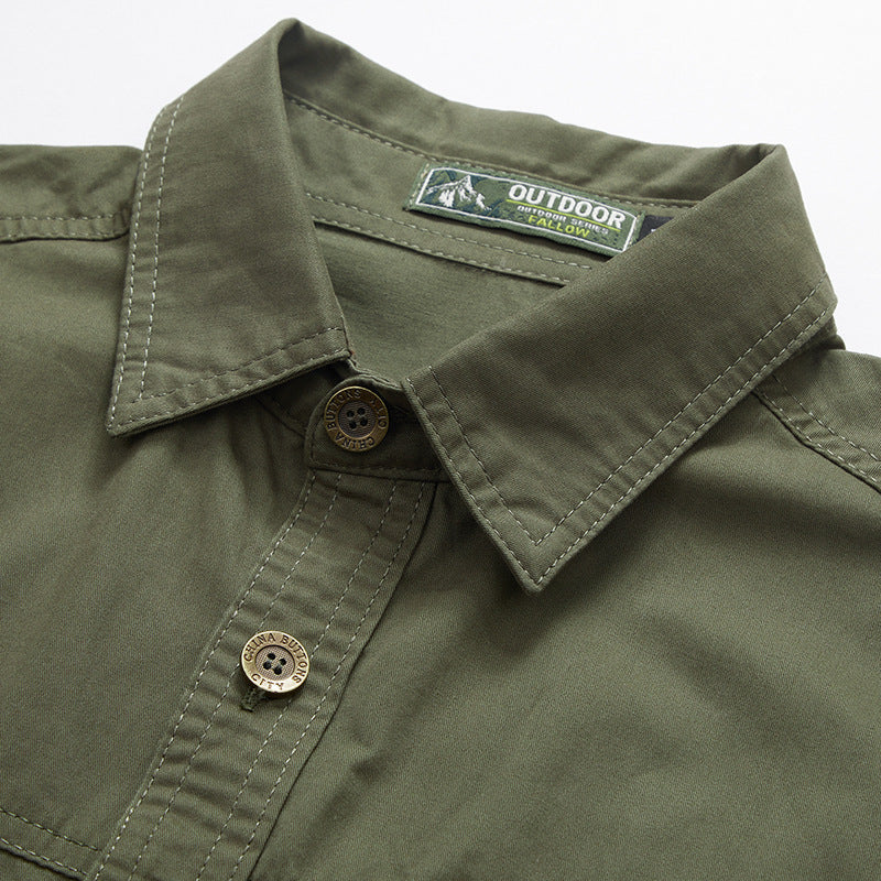 Men's utility work shirt collar in olive/khaki, button placket and brand patch label