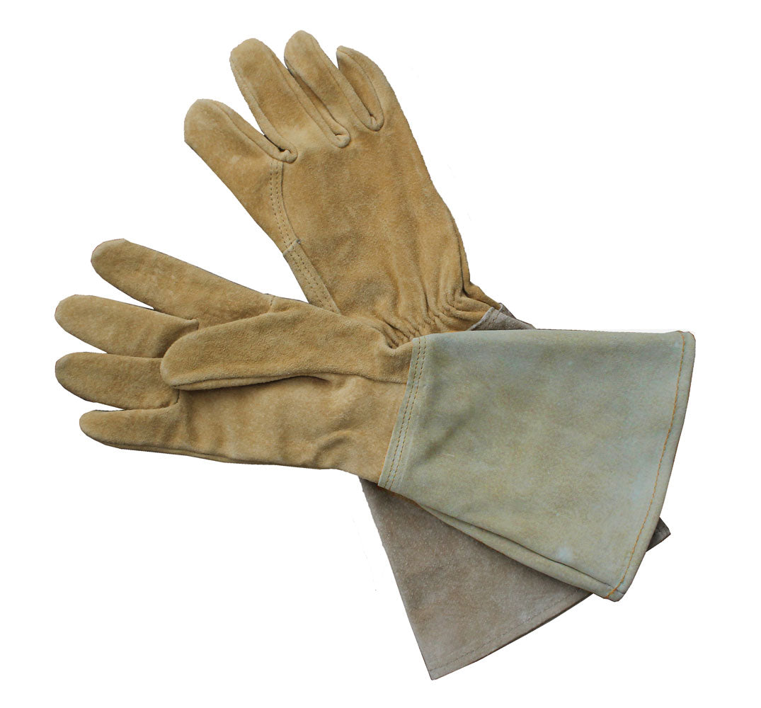 Manswork all-leather gauntlet gloves in tan suede with side cuff and finger seams