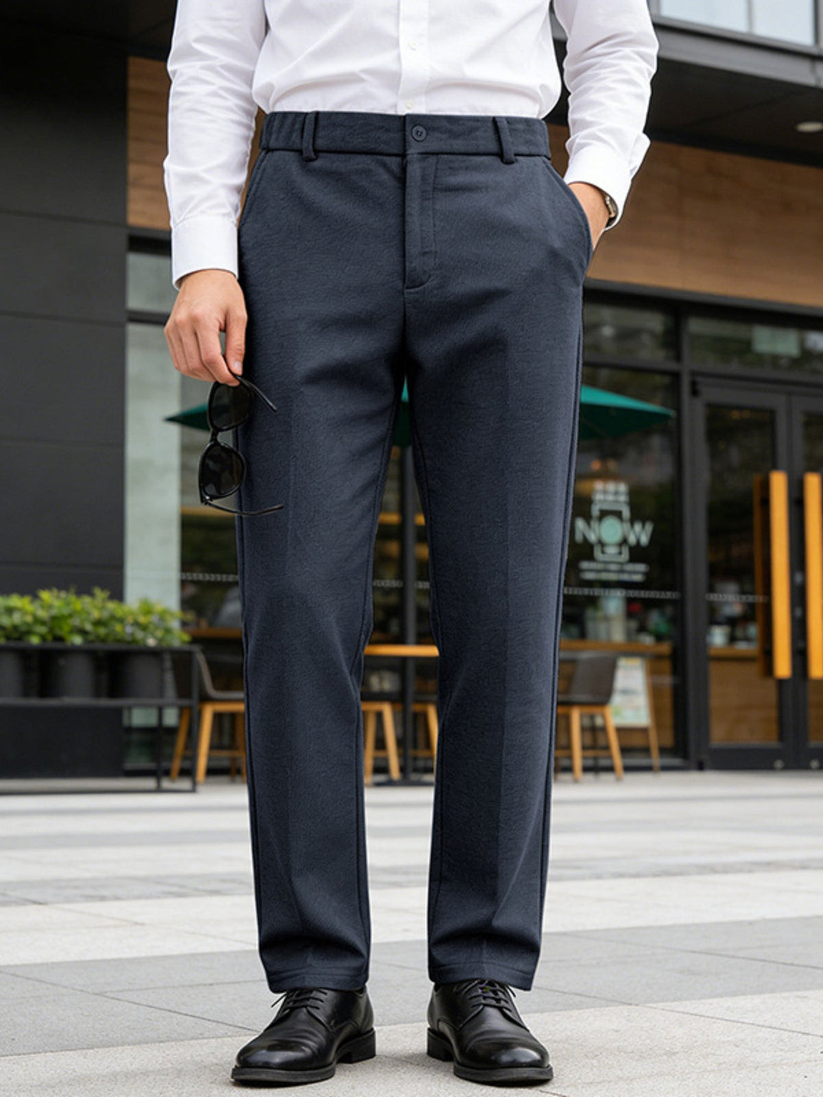 Men's classic-fit dress pants, navy, flat front with button closure and belt loops
