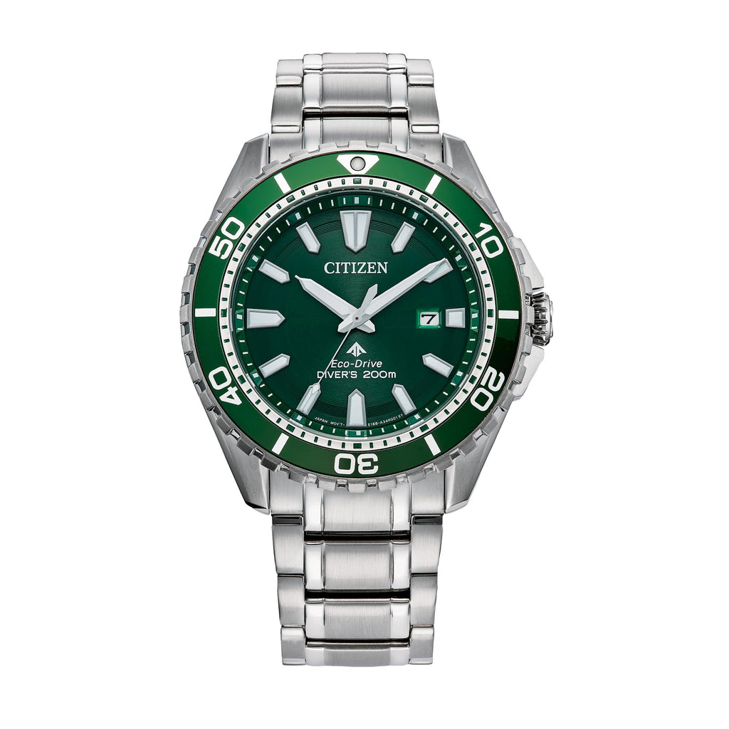 Silver-tone stainless steel dive watch, green dial, three hands and date window