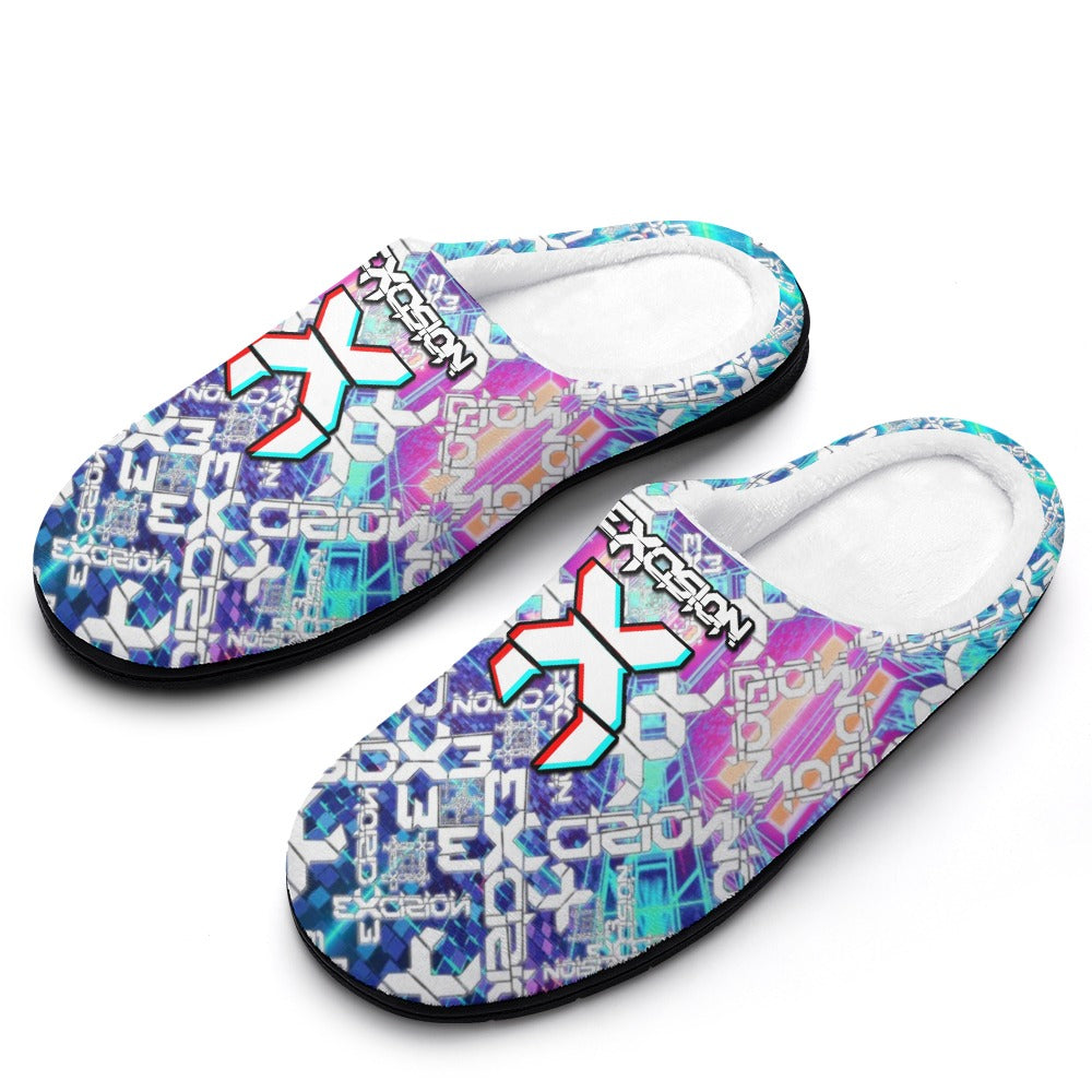 Cotton slipper pair with teal and purple graphic print, white inner lining, black sole