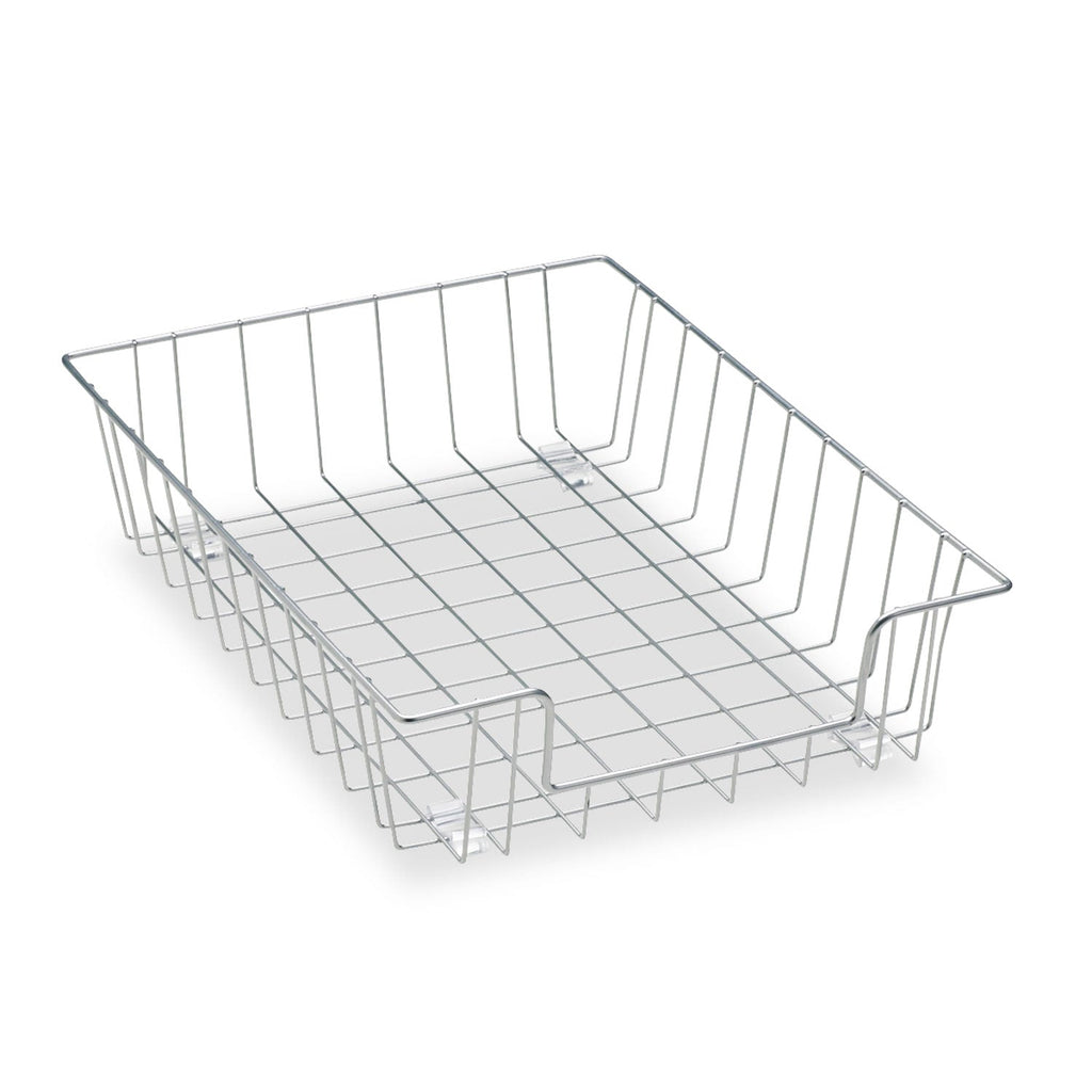 Silver wire desk tray organizer, open grid base and upright sides for letter-size files