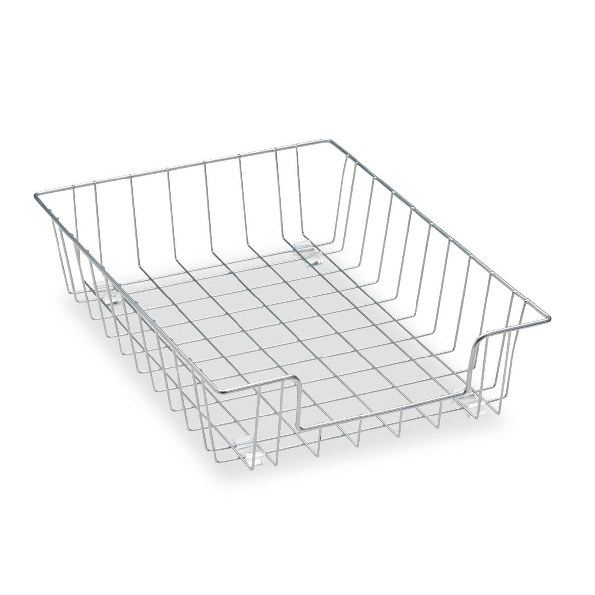 Silver wire desk tray organizer, open grid base and upright sides for letter-size files