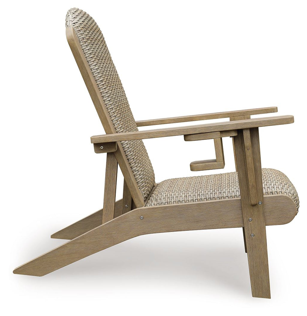 Beige woven Adirondack rocking chair with curved back and wide base