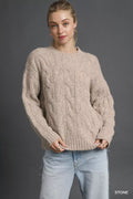 Stone cable-knit cozy sweater with crew neck and long sleeves, ribbed cuffs and hem