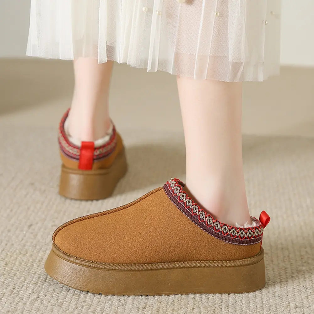 Camel faux fur lined slipper on foot, slip-on with red-trim collar