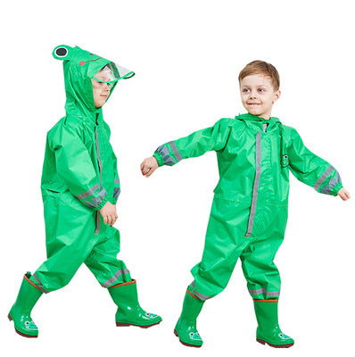 Green kids conjoined raincoat with hood and frog-style face design, full-length pants