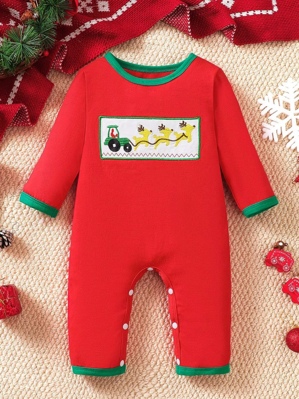 Red kids Christmas theme embroidered jumpsuit with green trim and snap legs