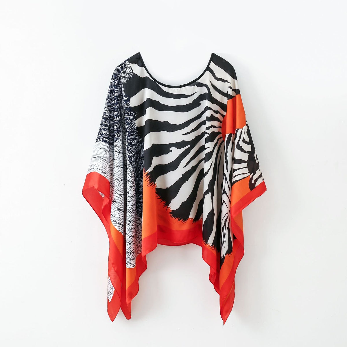 Women's zebra print pullover shawl with batwing sleeves, black white and red