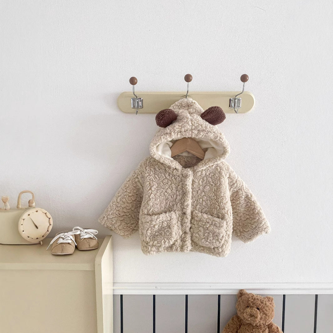 Cream plush bear-ear hooded toddler coat with front zipper