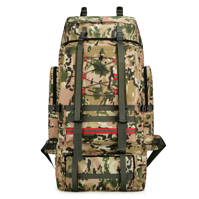 Green camouflage quilted travel backpack with two top handles and front ladder straps