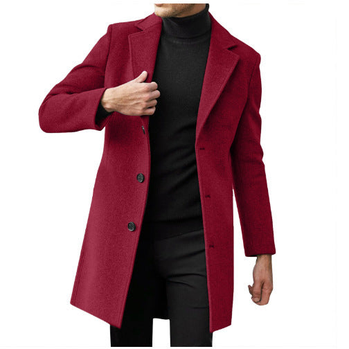 Men's mid-length long-sleeve wool coat, wine red with button front and notched lapels