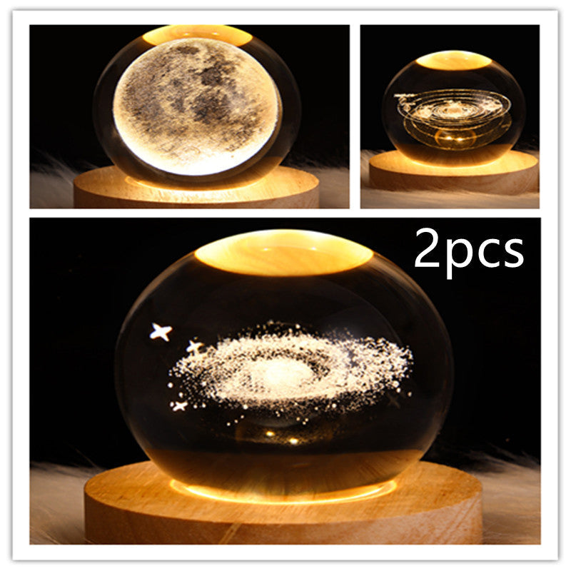Moon crystal ball LED night light on round wooden base
